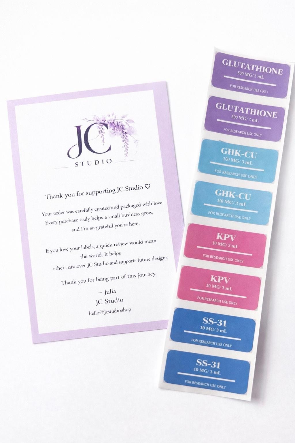 Pastel Peptide Vial Labels | Peptide Vial Labels for 3mL & 5mL Vials | 1.75" x 0.75" Labels | Waterproof, Oil-Proof, Durable