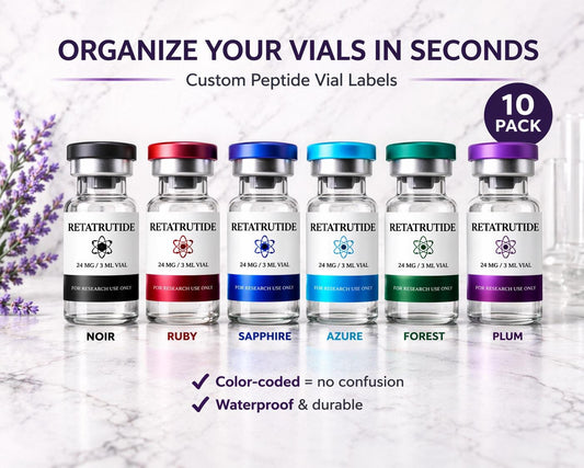 Custom Peptide Vial Labels 1.75 x 0.75 Waterproof Labels | Noir Ruby Sapphire Azure Forest Plum | Satin White Label Stickers 10 Pack